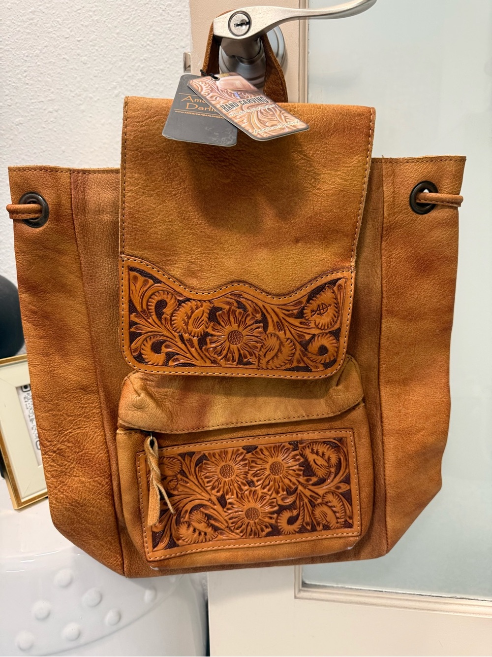 American Darling Tooled Floral Leather Backpack in Brown
